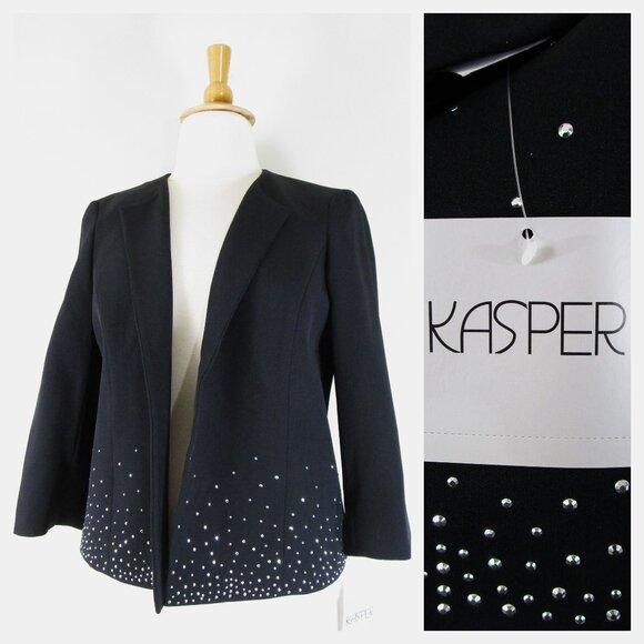 Kasper Plus Size Black Embellished Gem Blazer Jacket 14 Formal Business Career - Picture 1 of 8